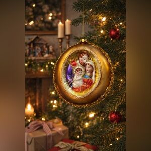 Vintage Holy Family Glass Ornament Gold Sequin Beaded Christmas Decor